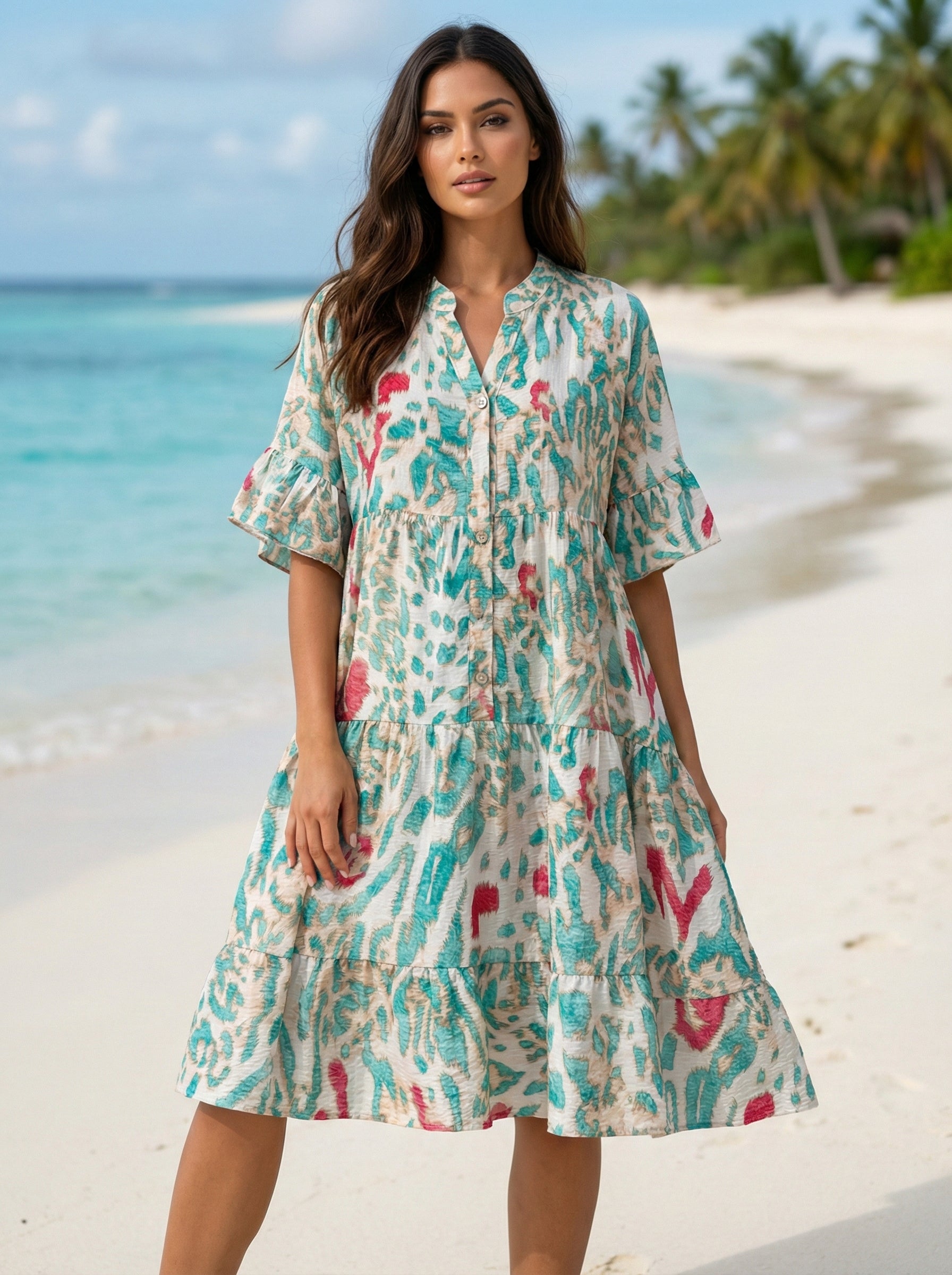 LOFDCM Italian One Size Coastal Mosaic Tiered Dress