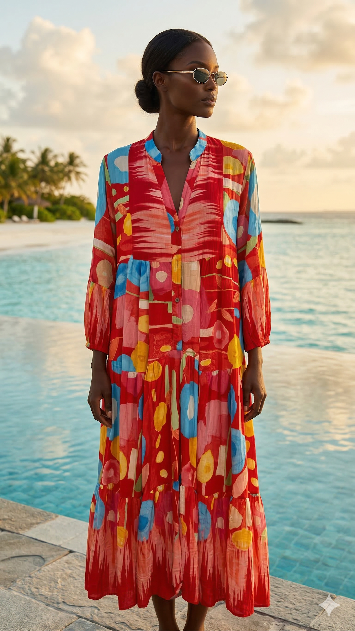 NBMXDRB Italian OS Red & Sky Blue Printed Maxi Dress