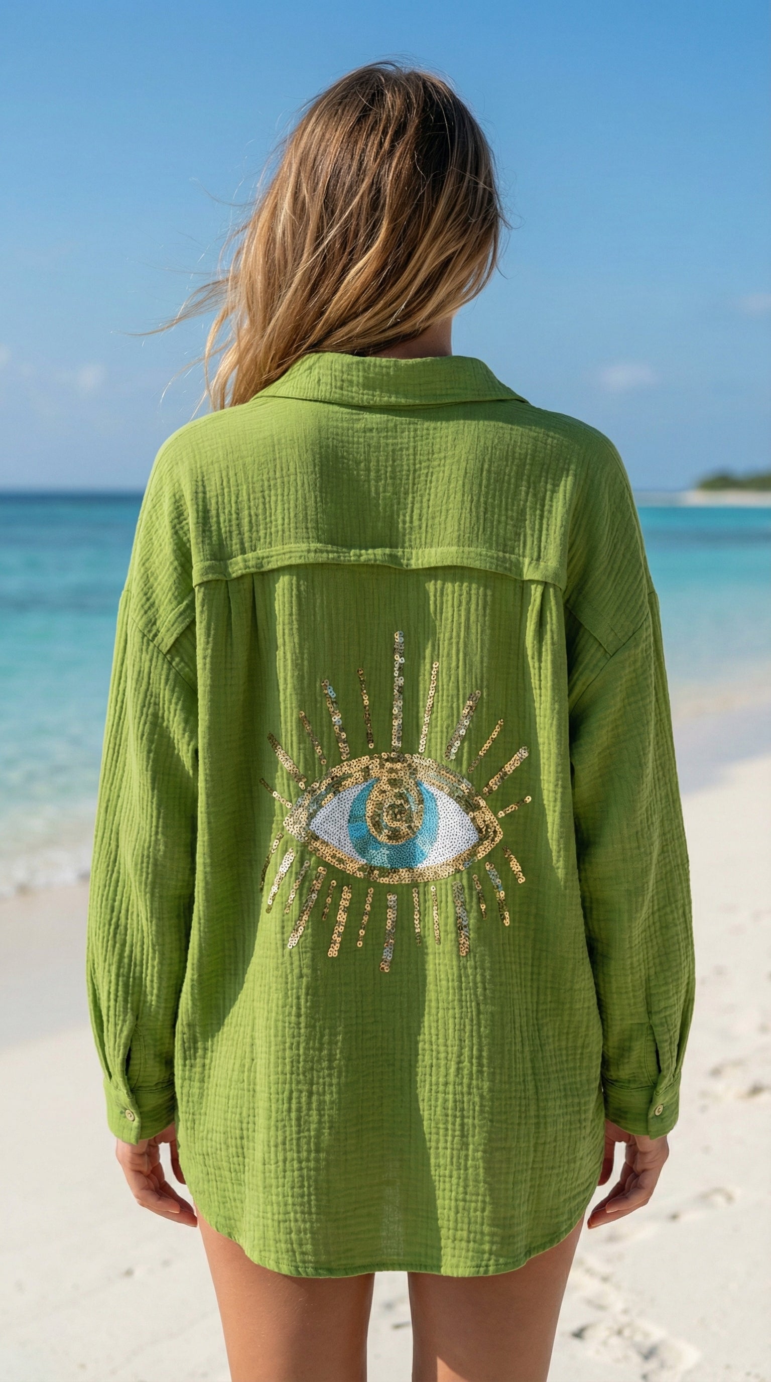 VIEYECO Italian OS Olive Gauze Cotton Cover Up Button Shirt