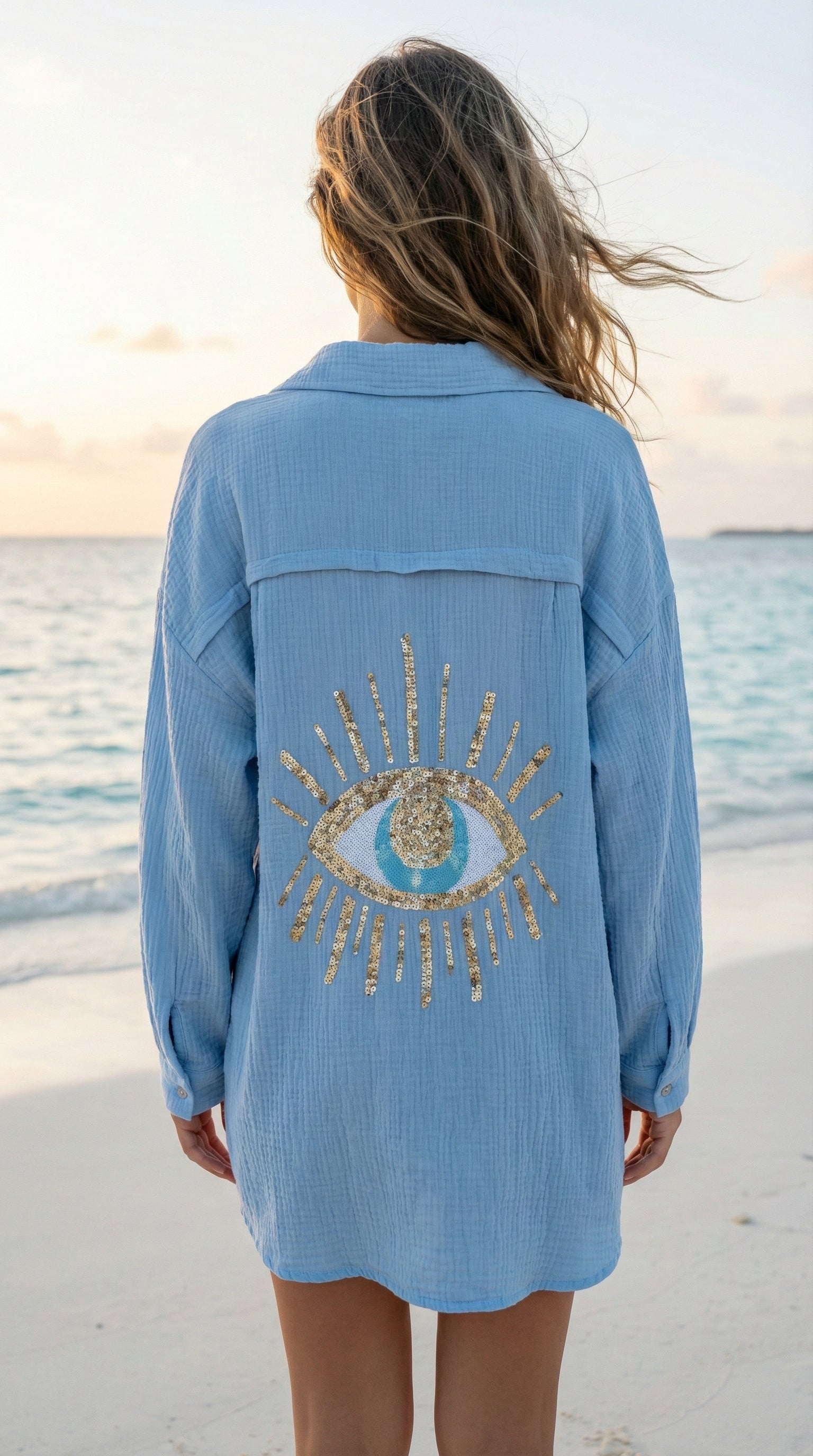 VIEYECSB Italian OS Blue Gauze Cotton Cover Up Button Shirt