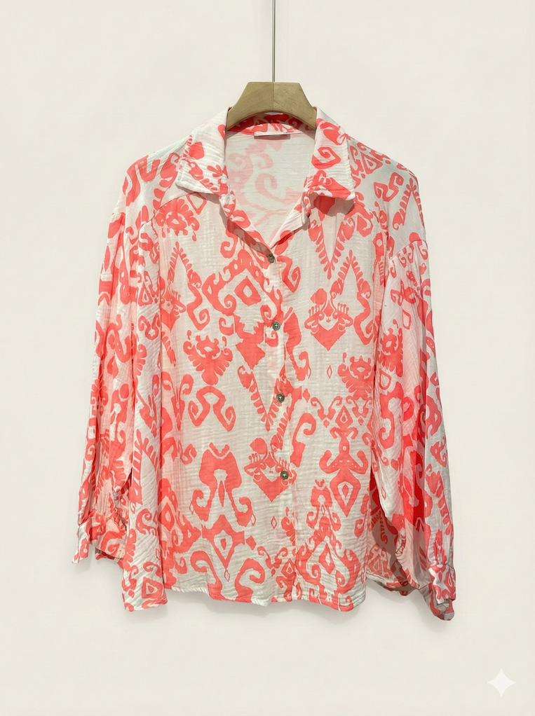 NBGCSR Italian OS Coral Red Gauze Cotton Printed Shirt