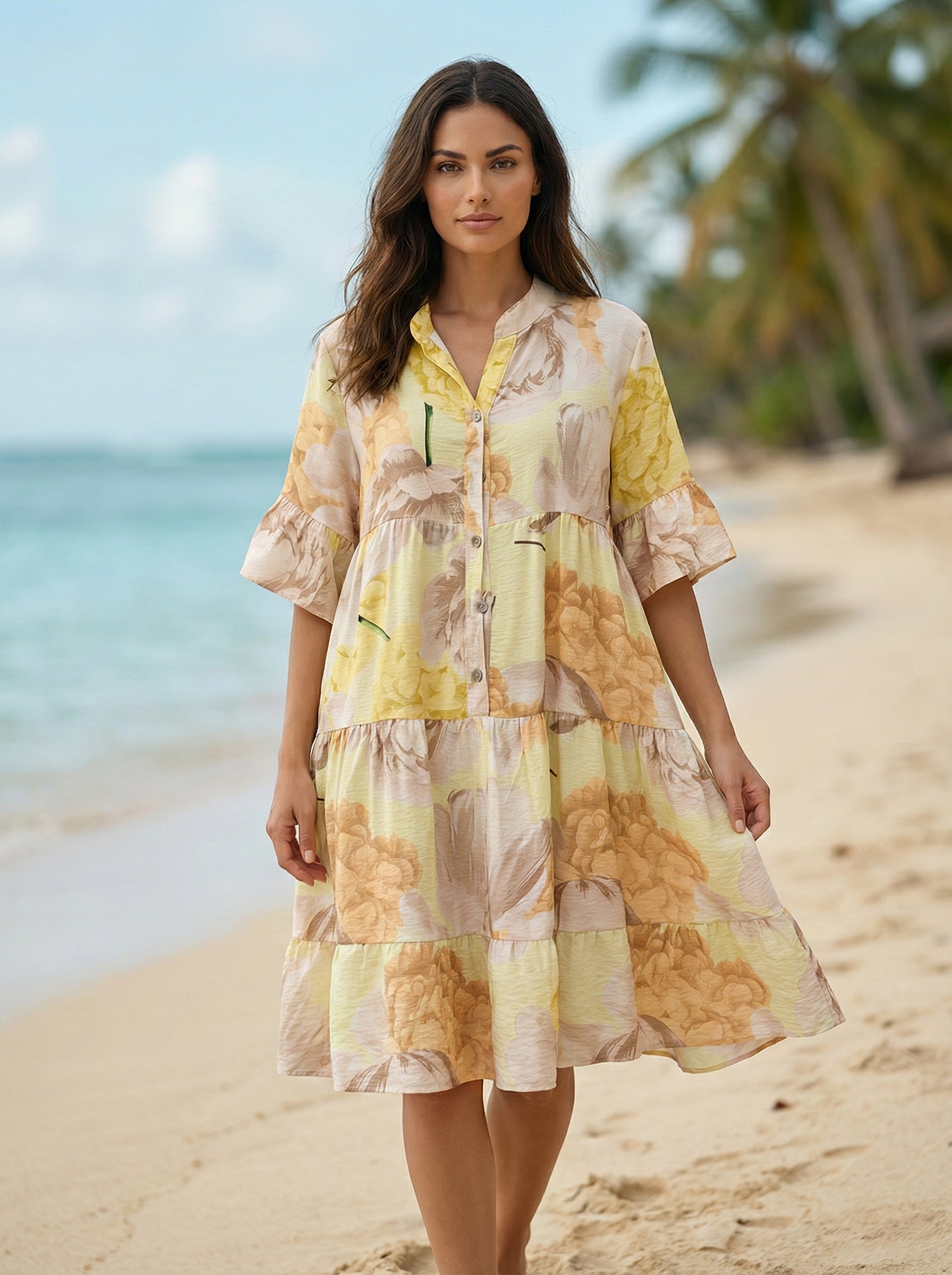 LOFLDY Italian One Size Yellow Floral Tiered Button-Front Dress