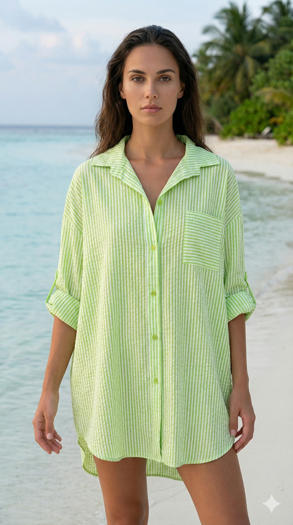 CACCUL Italian Lime Striped Cotton Shirt Dress