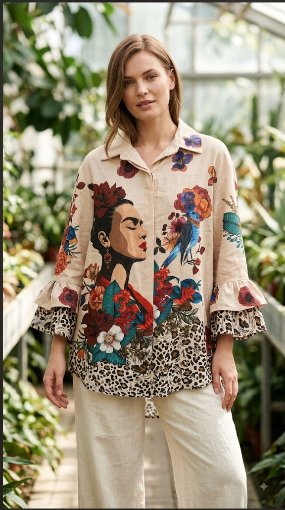 ZOFRBD Printed Bird Floral Shirt Beige