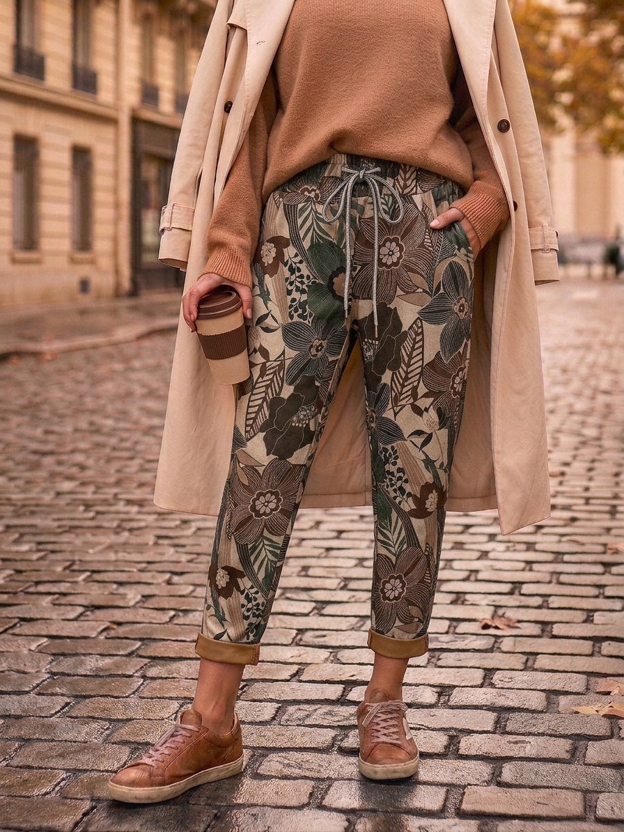 LNMOZ Floral Patchwork Jogger Pants Beige