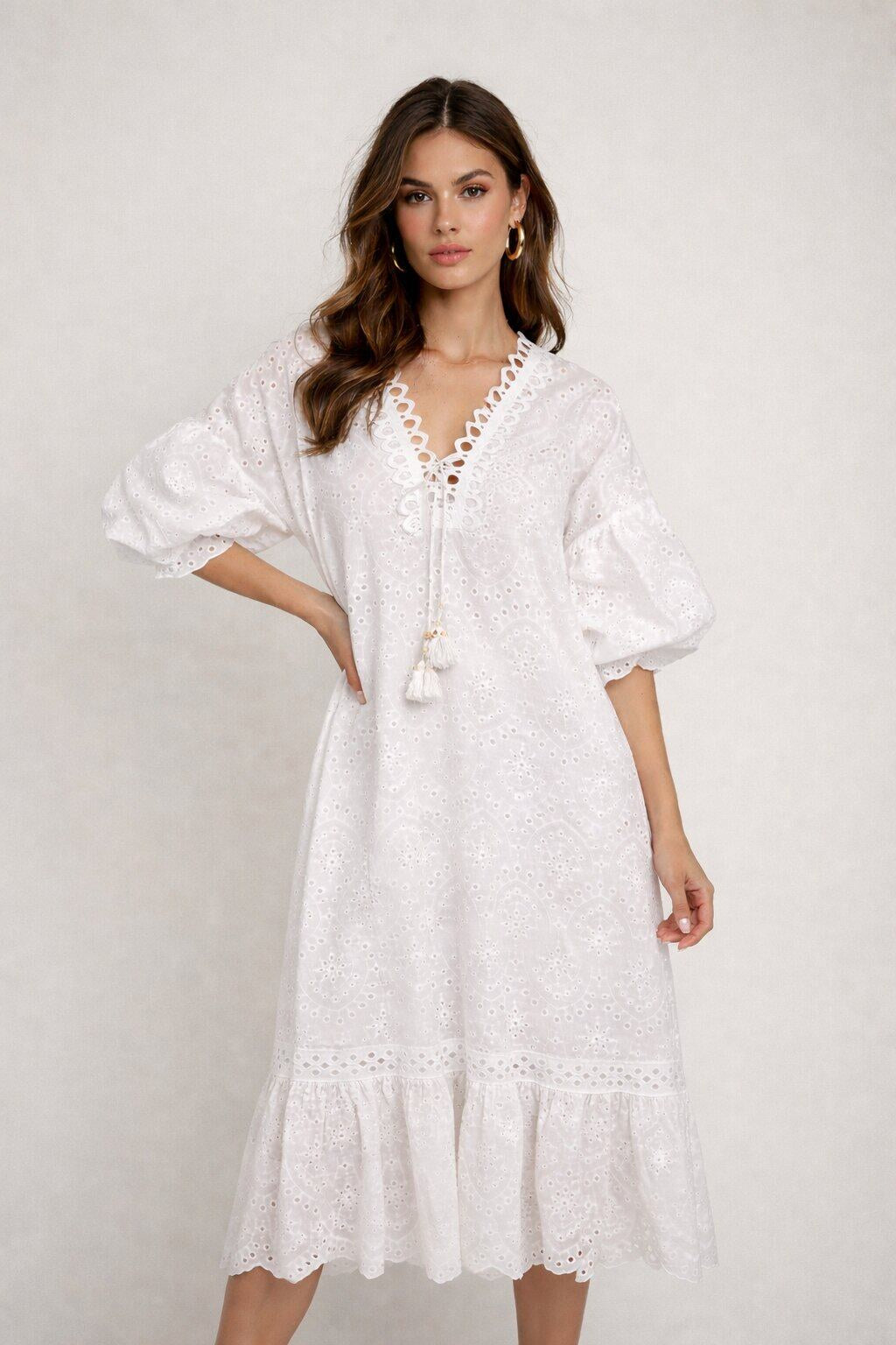 LUWSECD Wide Sleeve Eyelet Cotton Dress