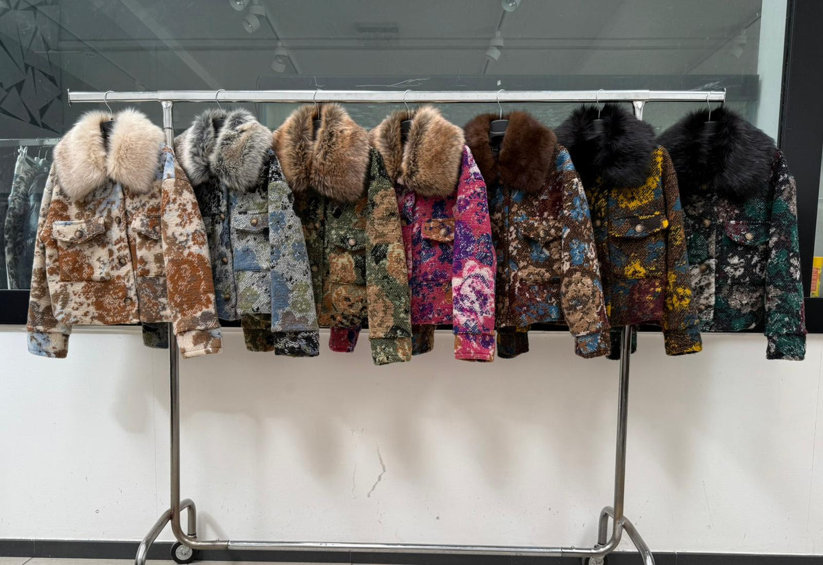 MN14 Floral Jacquard Wool Faux Fur Collar Jacket