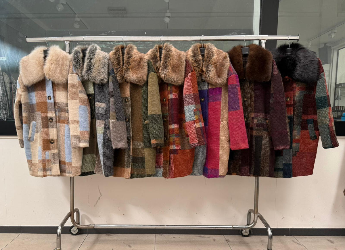 MN21 Patchwork Wool Faux Fur Collar Long Coat