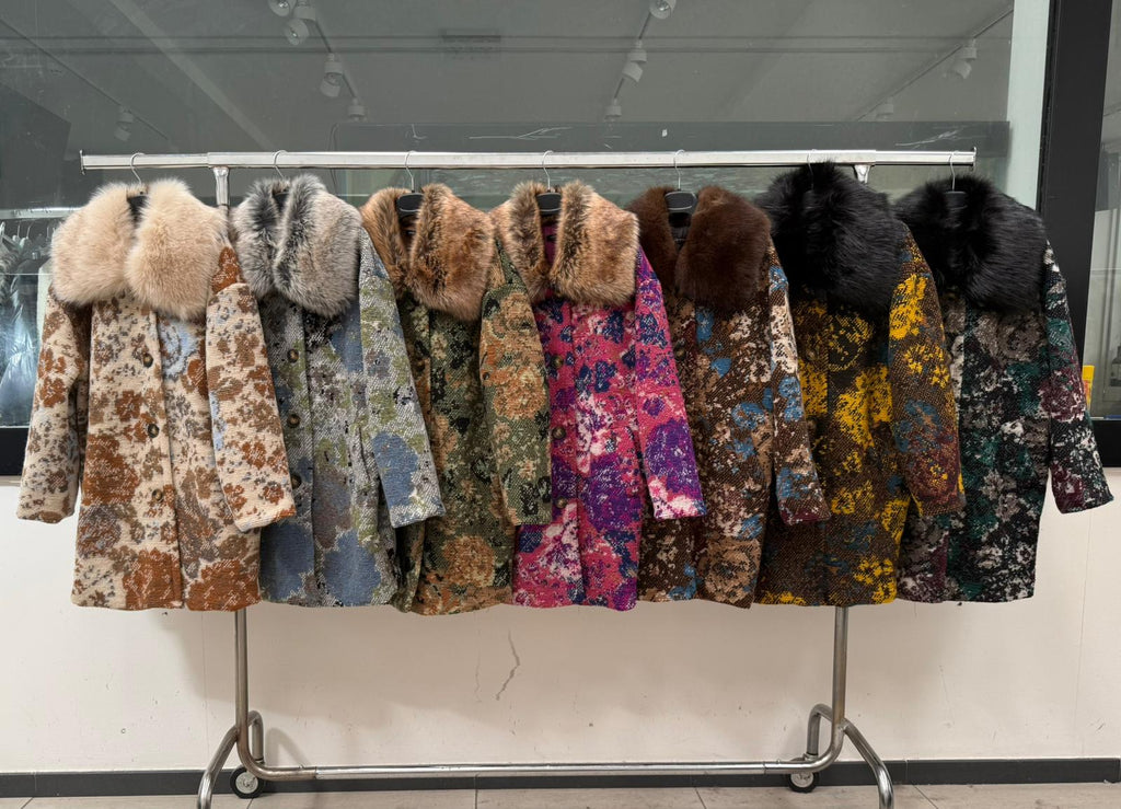 MN41 Floral Jacquard Wool Faux Fur Collar Long Coat