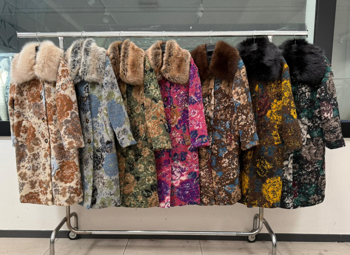 MN41 Floral Jacquard Wool Faux Fur Collar Long Coat