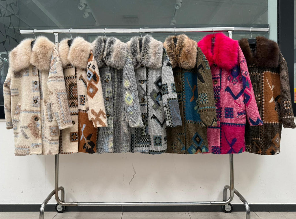 MN48 Aztec Wool Faux Fur Collar Long Coat