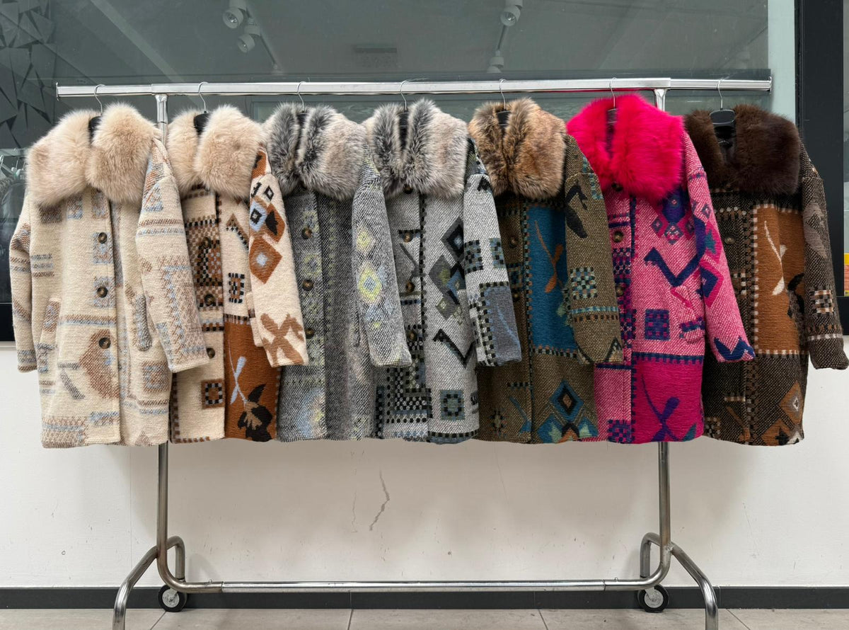 MN48 Aztec Wool Faux Fur Collar Long Coat
