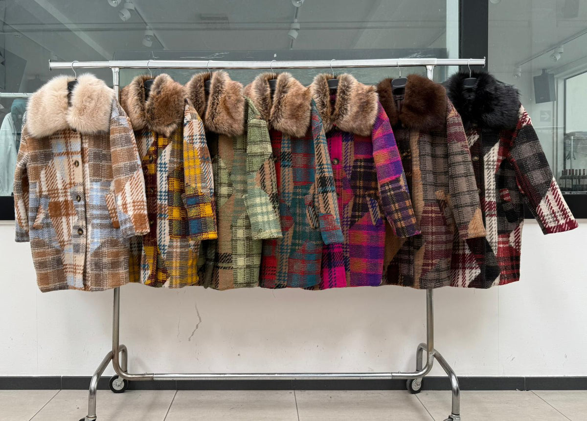 MN55 Plaid Patchwork Wool Faux Fur Collar Coat