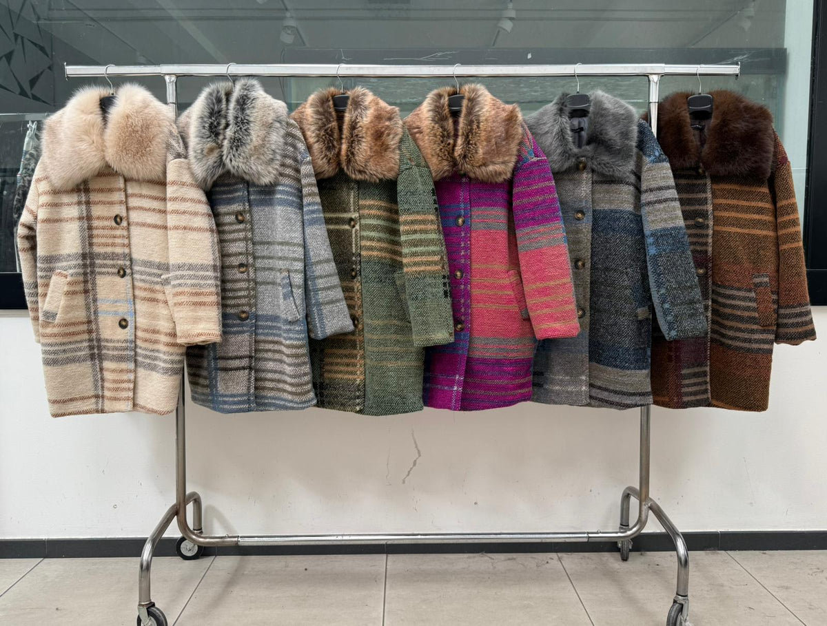 MN8 Striped Wool Faux Fur Collar Long Coat