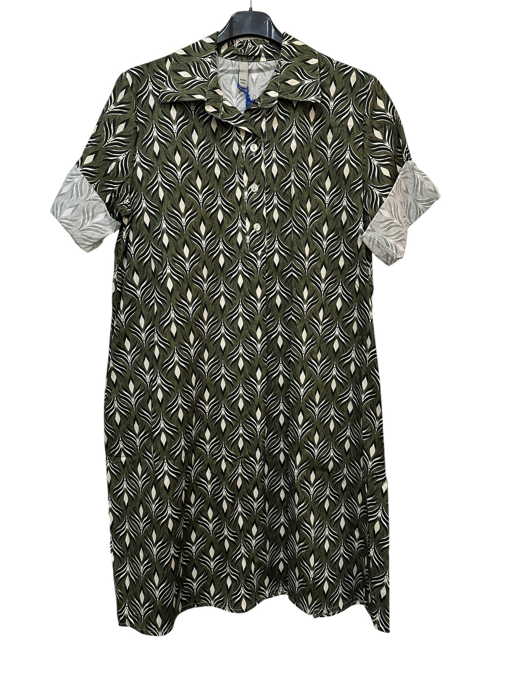 VC24002HKHA Cotton Leaf Print Shirt Dress Khaki
