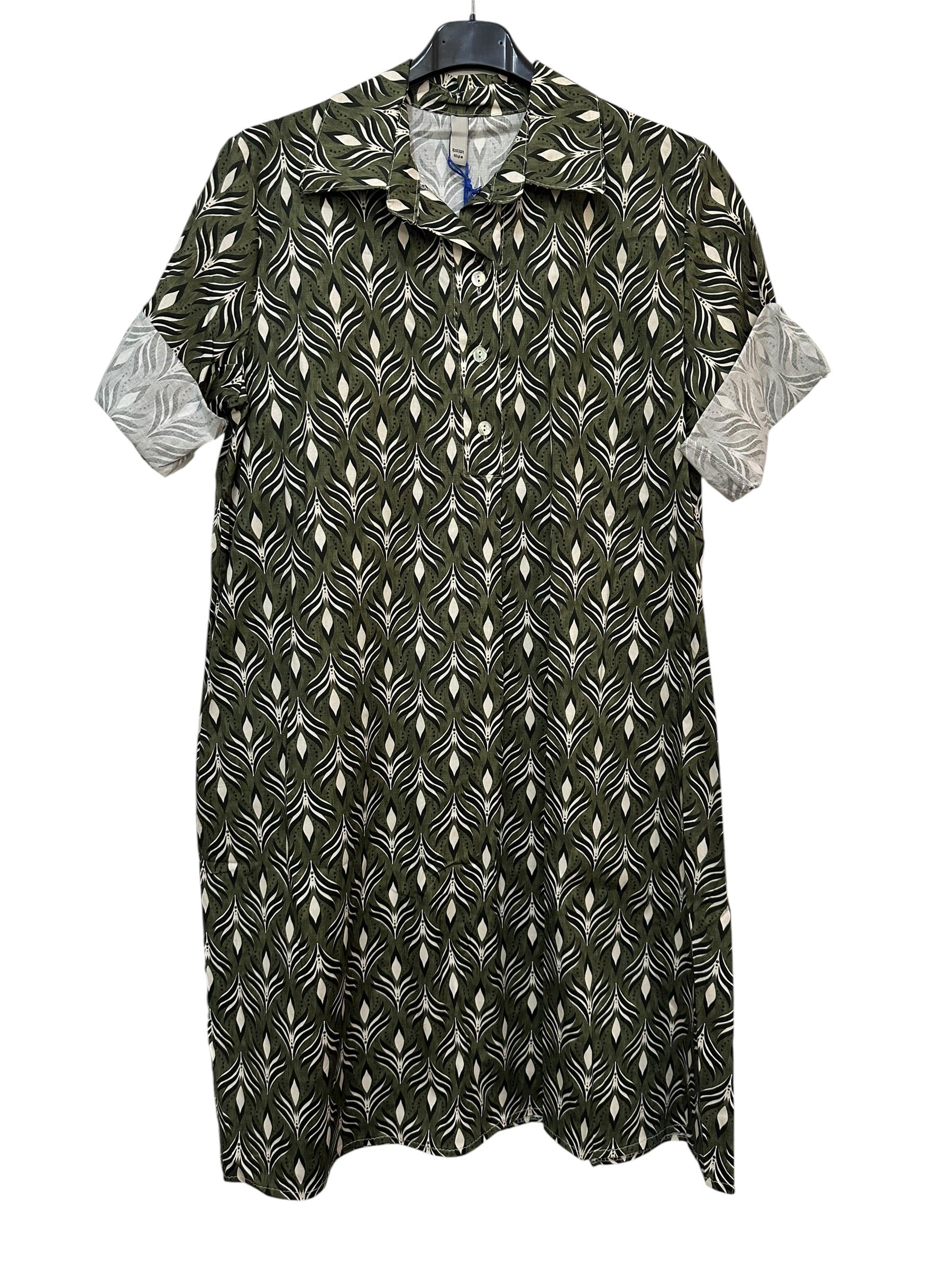 VC24002HKHA Cotton Leaf Print Shirt Dress Khaki