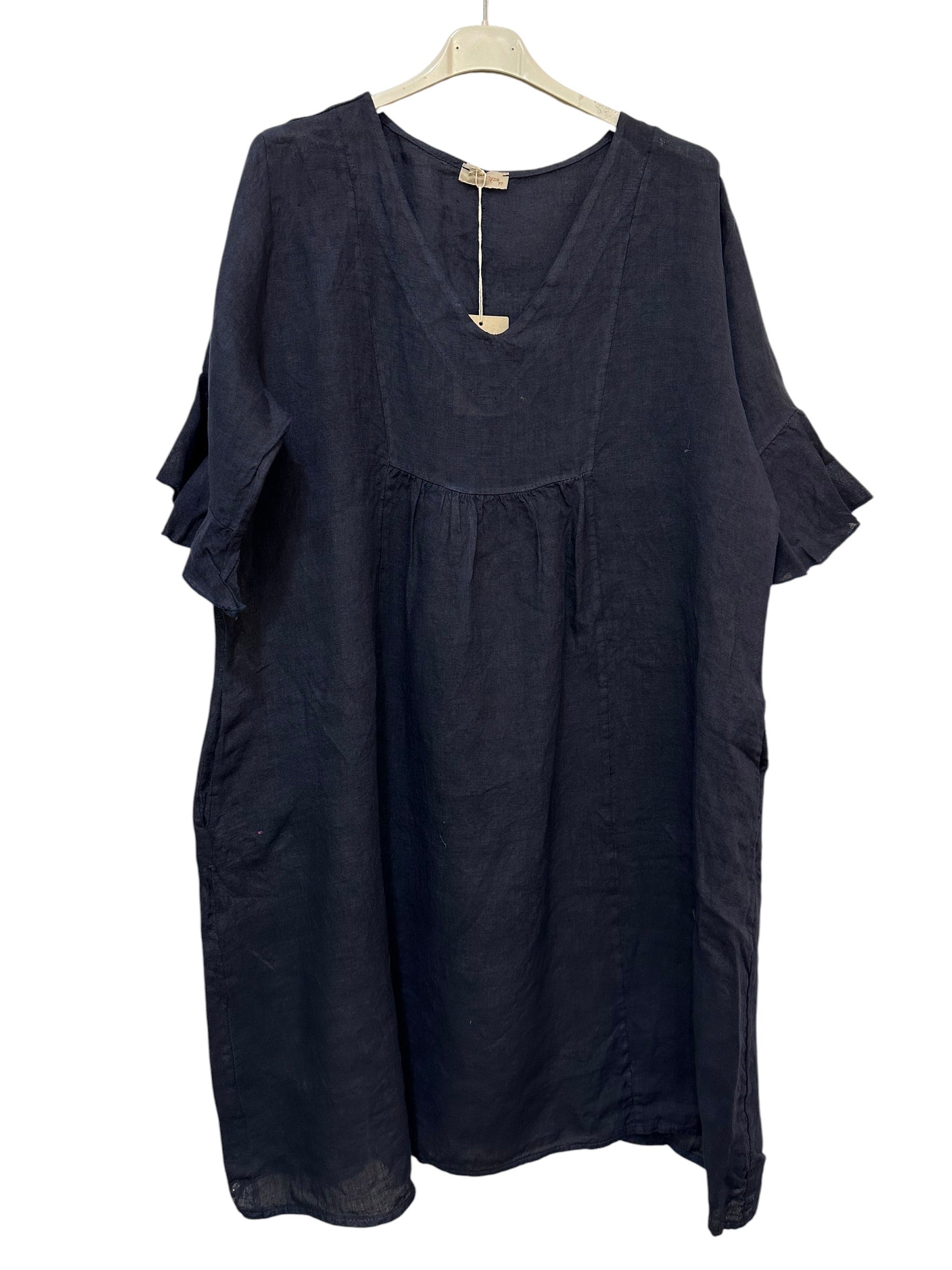 VC484NAV Linen Flutter-Sleeve Dress Navy