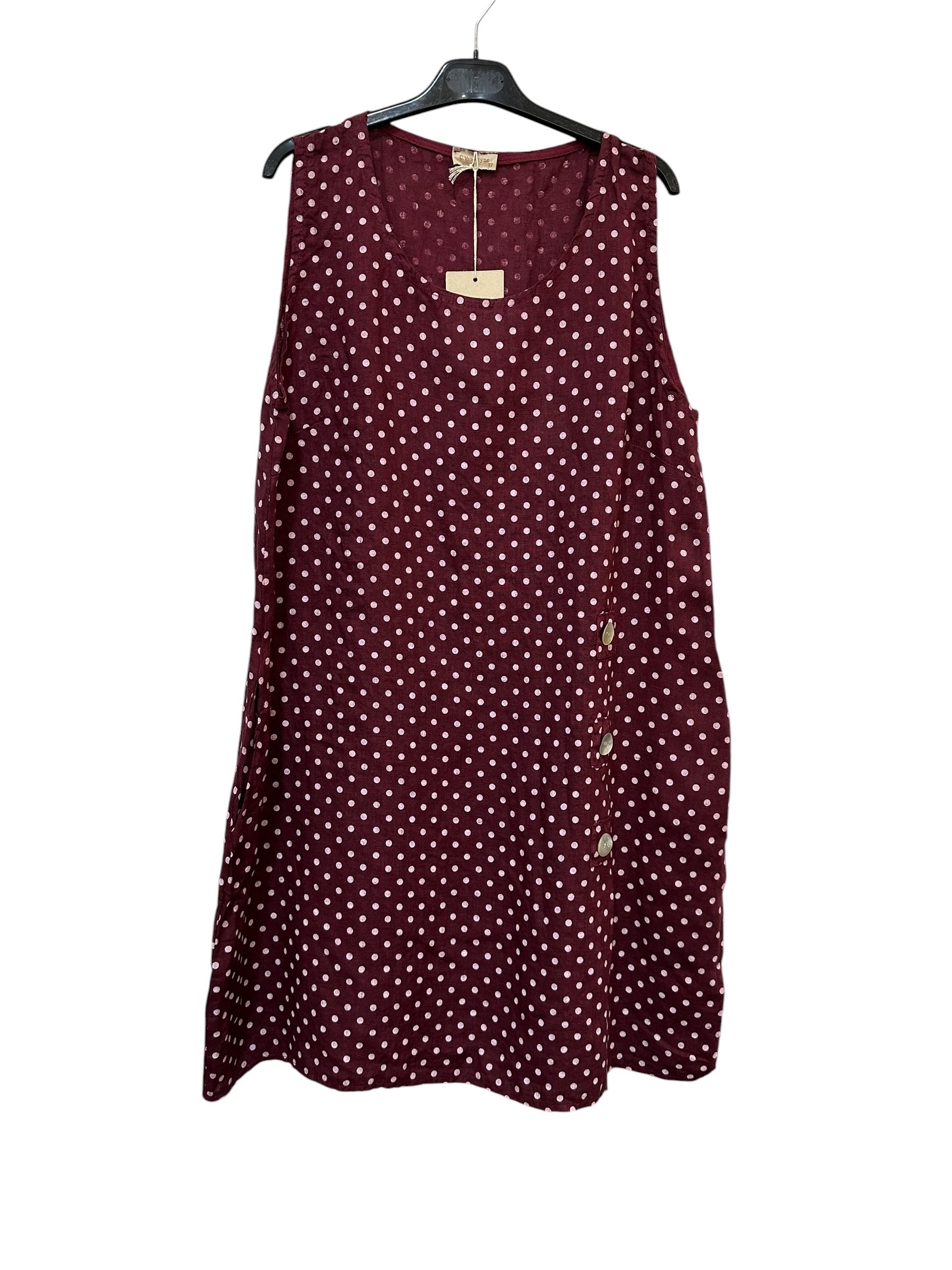 VC1302PPLU Sleeveless Linen Polka Dot Dress Plum