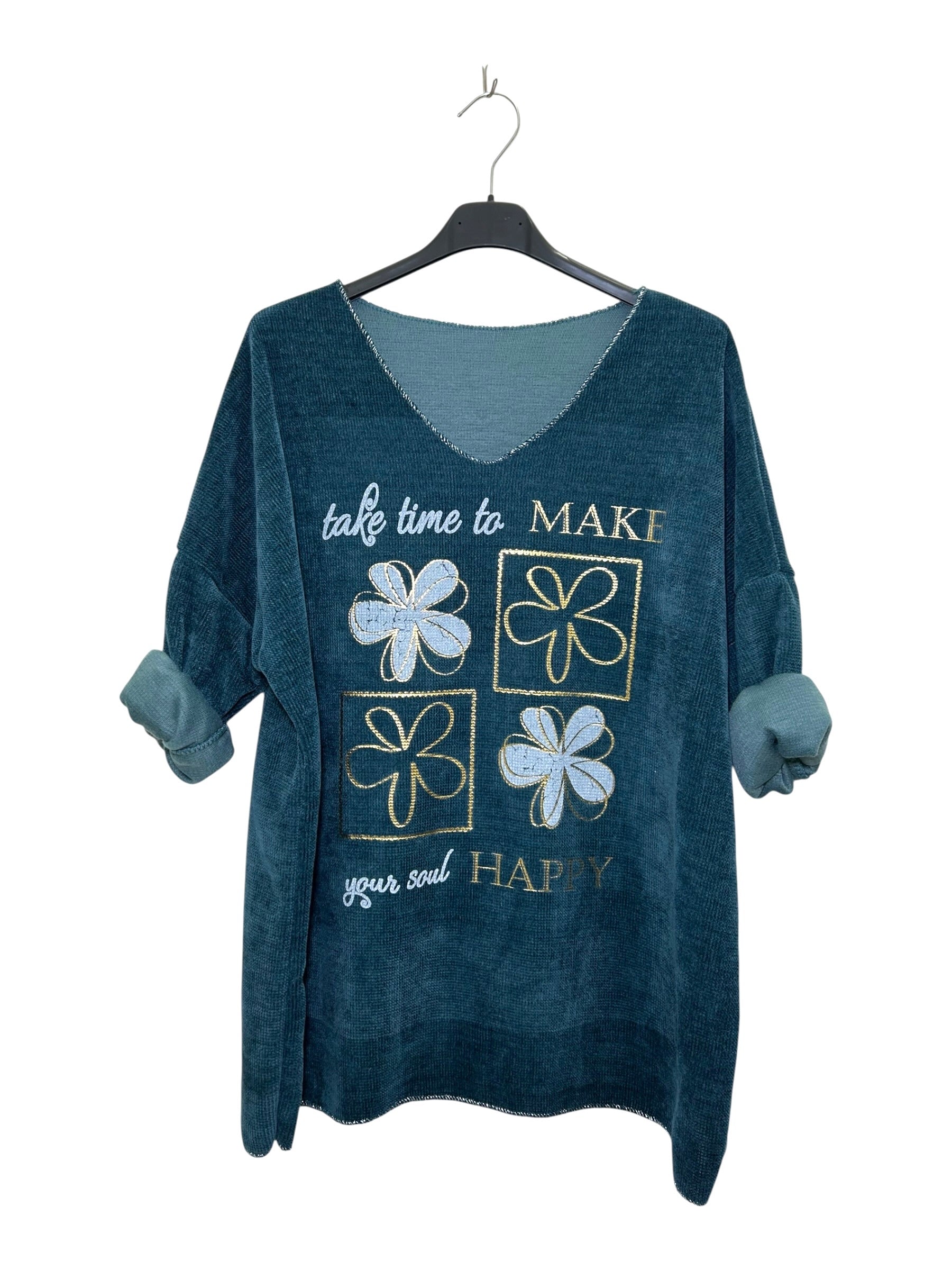VM23 Petrol Blue Floral Graphic V-Neck Velvet Top