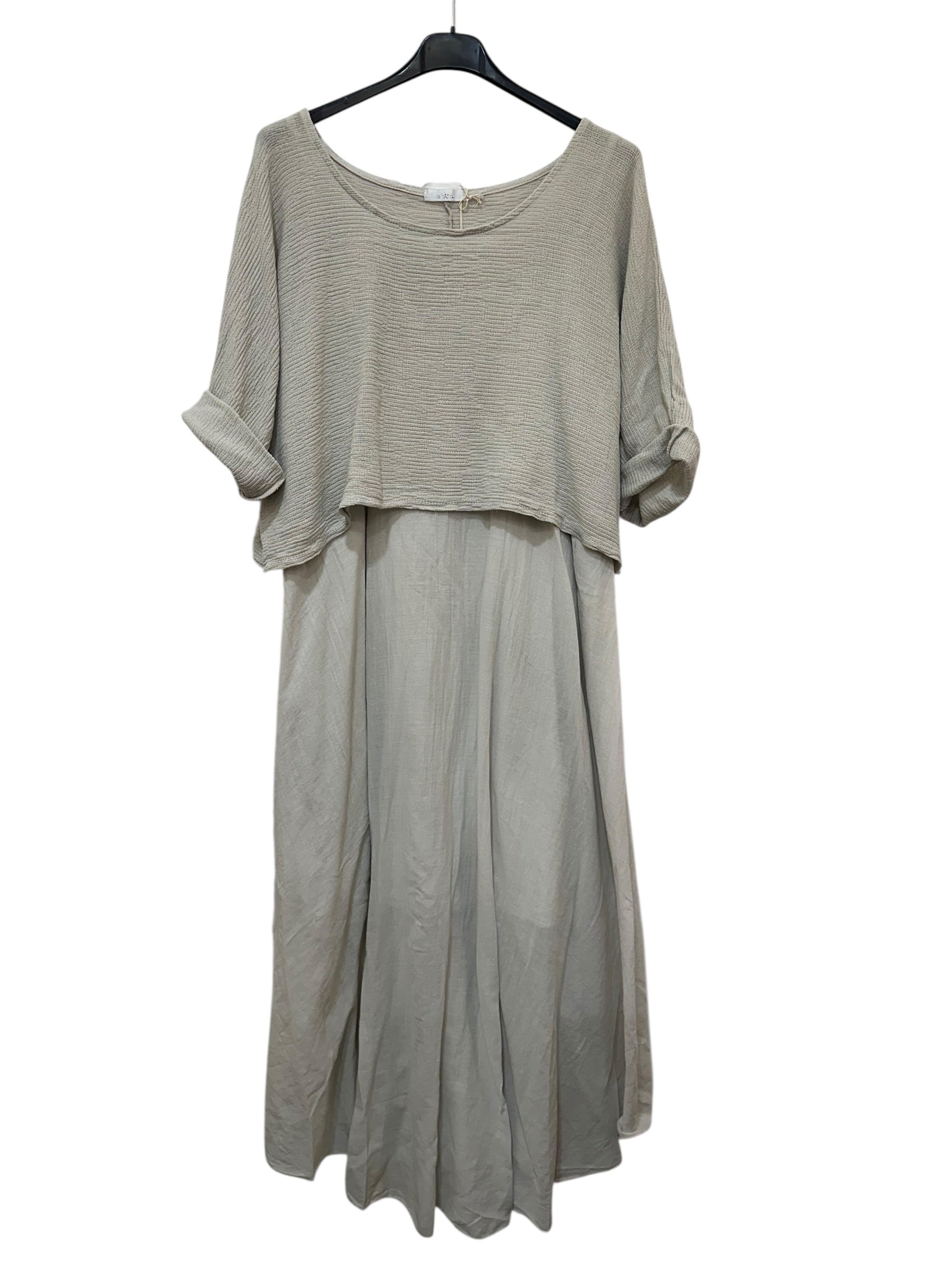 VC2PCSBEI Cotton Two-Piece Midi Dress Set Beige