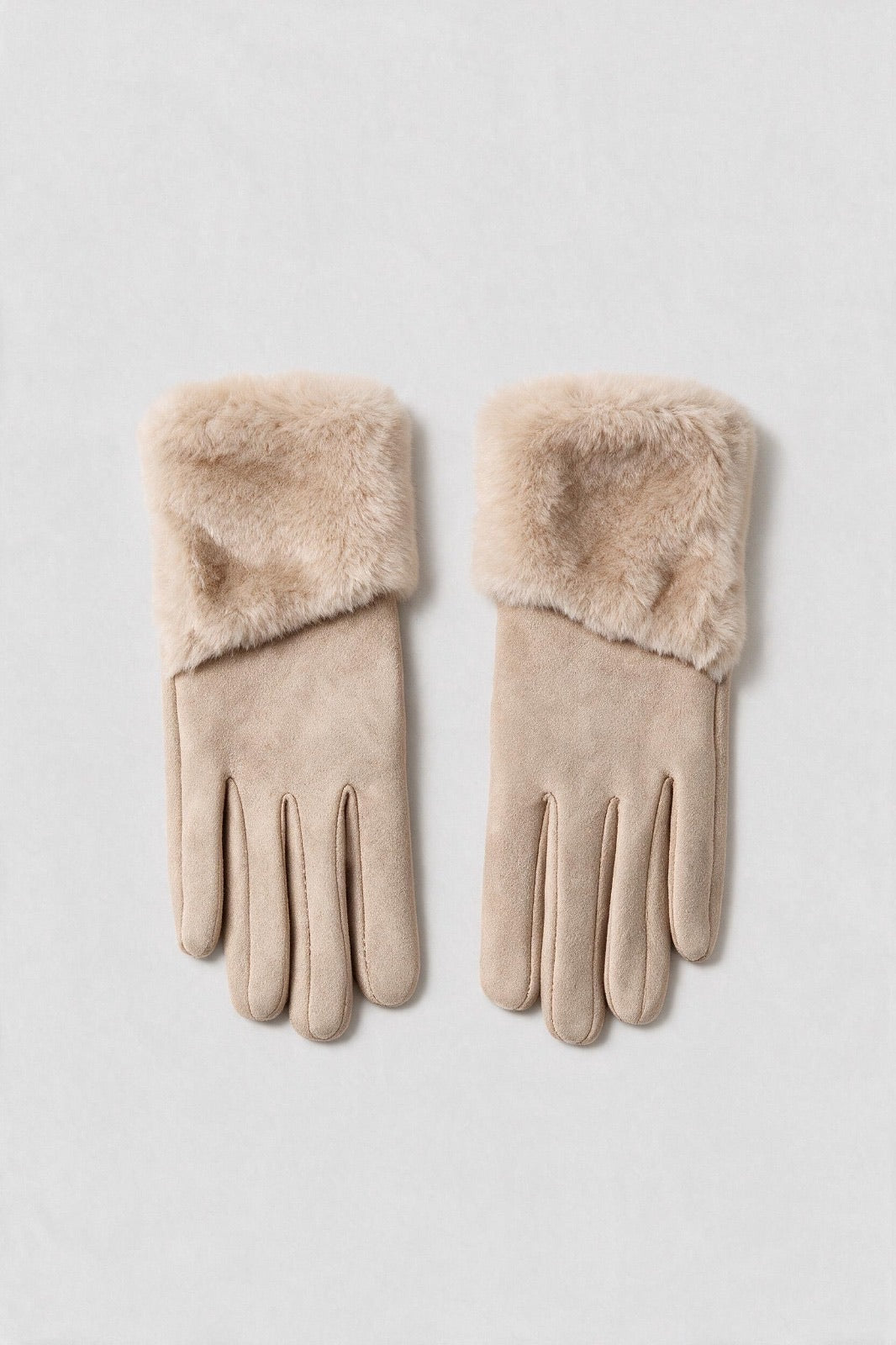 JA384 Beige Folded Fur Cuff Gloves