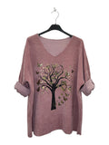 VI330 Pink V-Neck Velvet Tree Print Top