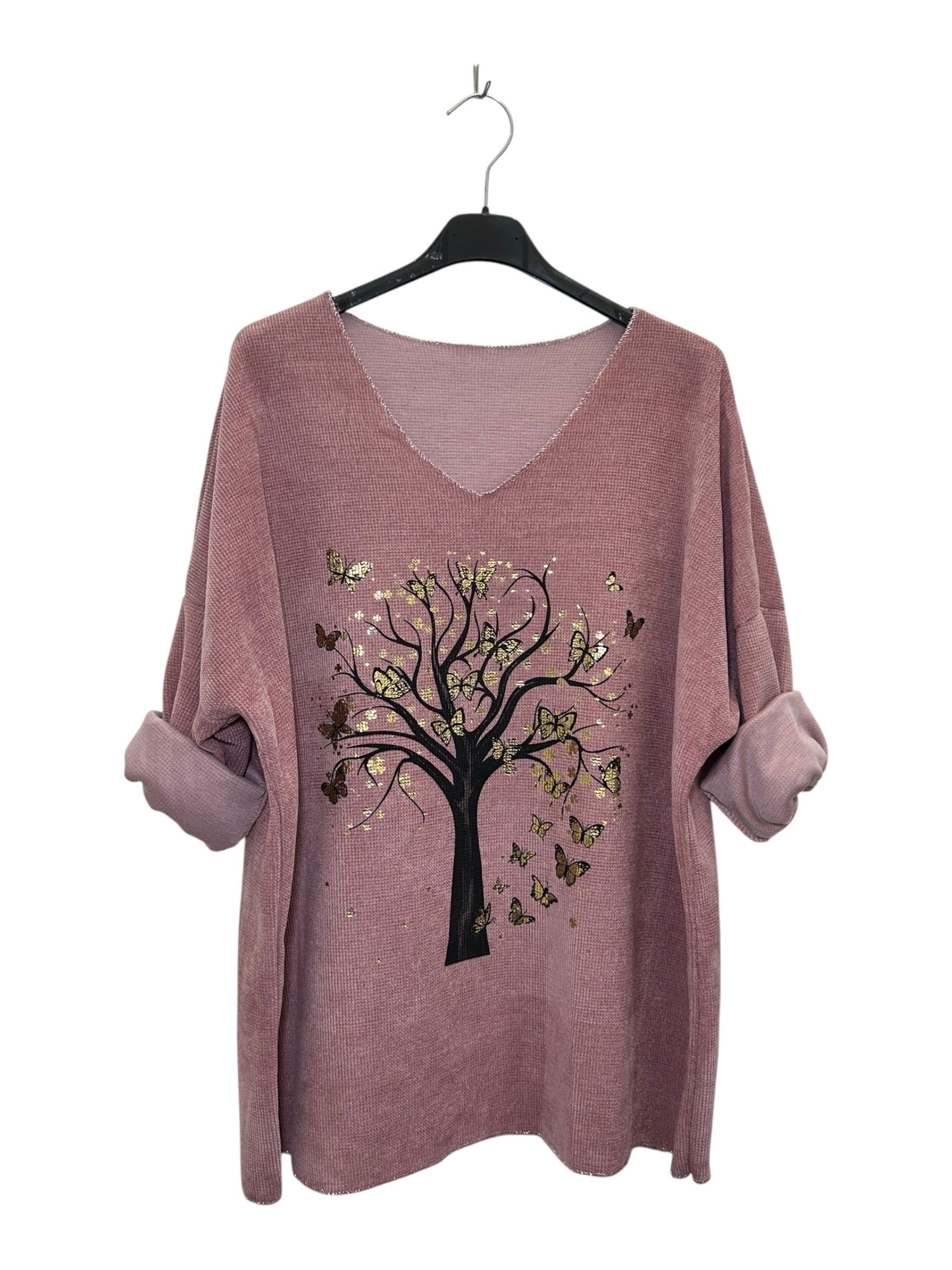 VI330 Pink V-Neck Velvet Tree Print Top