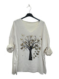 VI332 White V-Neck Velvet Tree Print Top