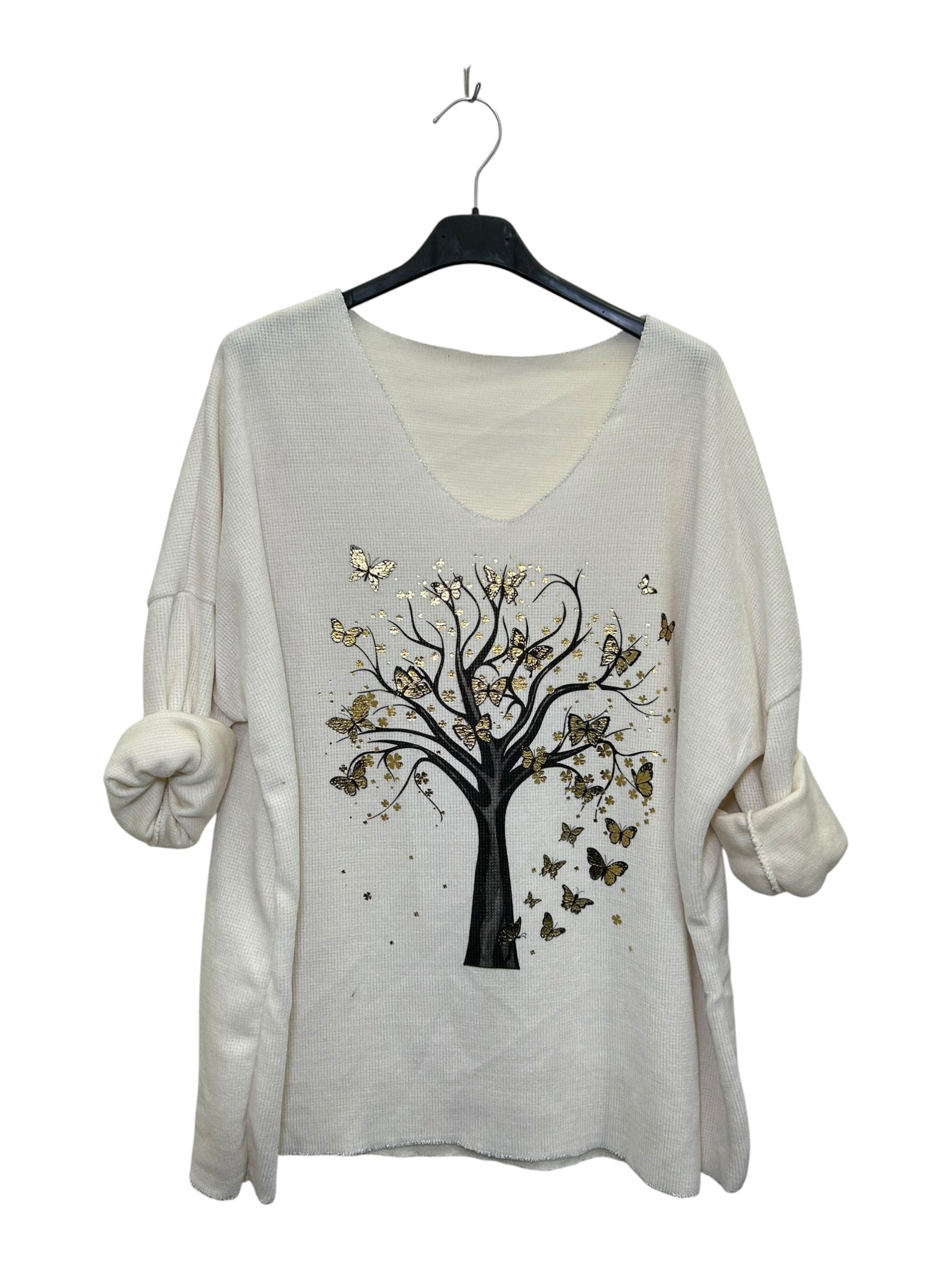 VI332 White V-Neck Velvet Tree Print Top
