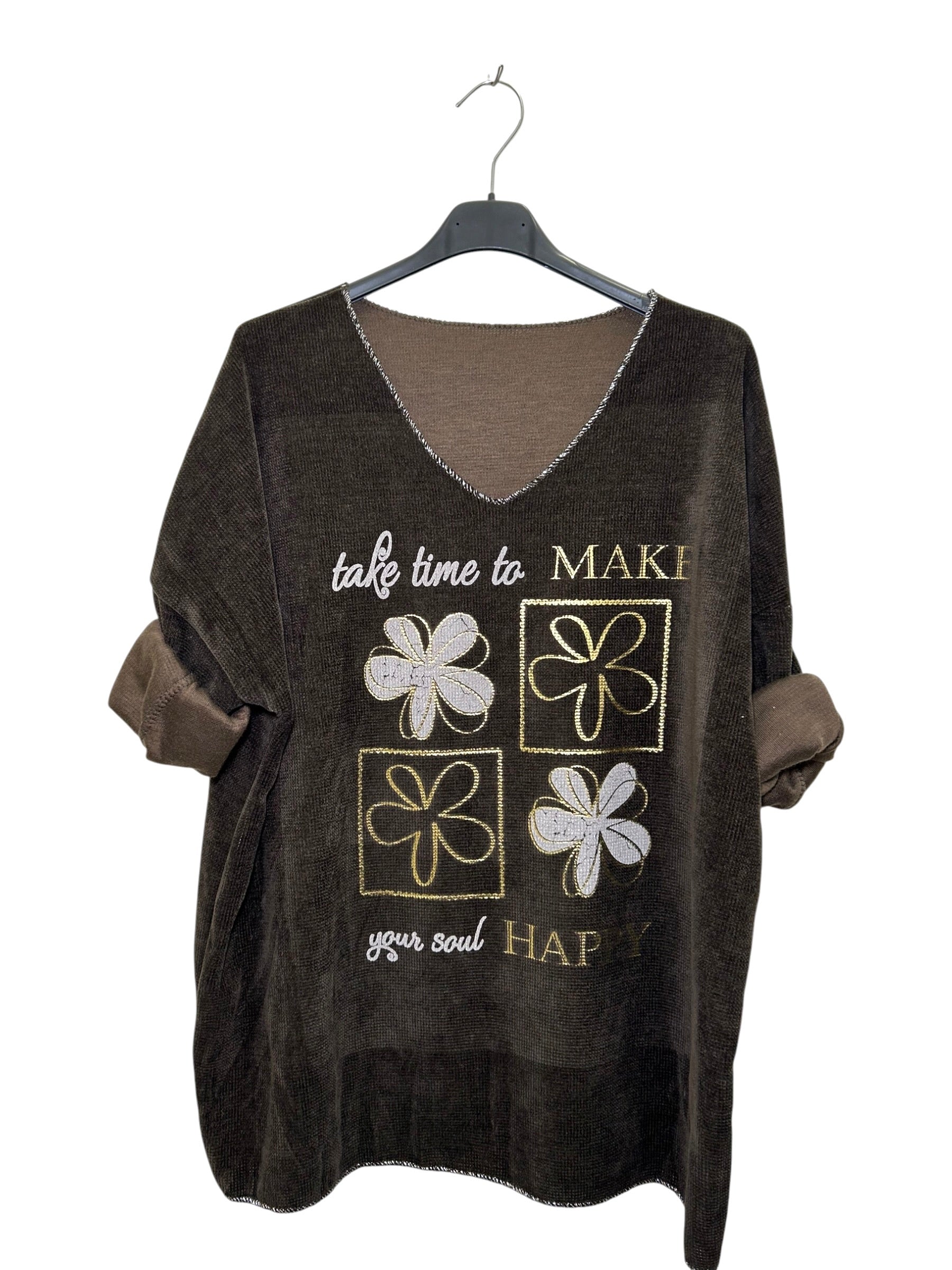 VM25 Chocolate Floral Graphic V-Neck Velvet Top