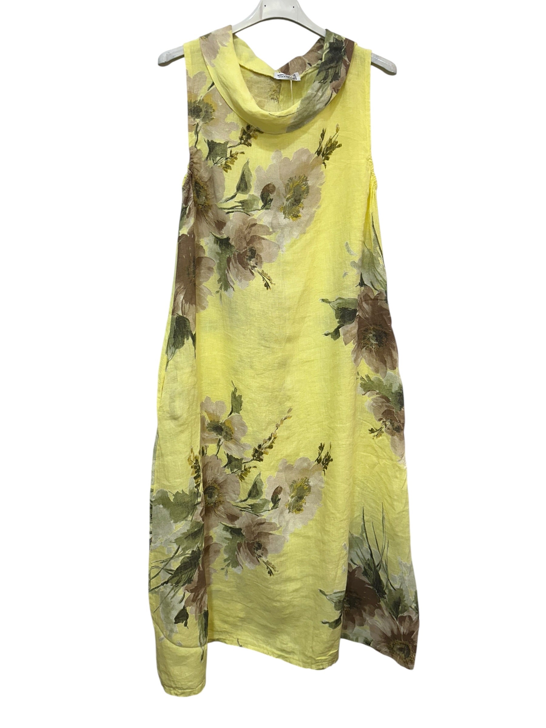 VC5308YEL Sleeveless Linen Floral Dress Yellow