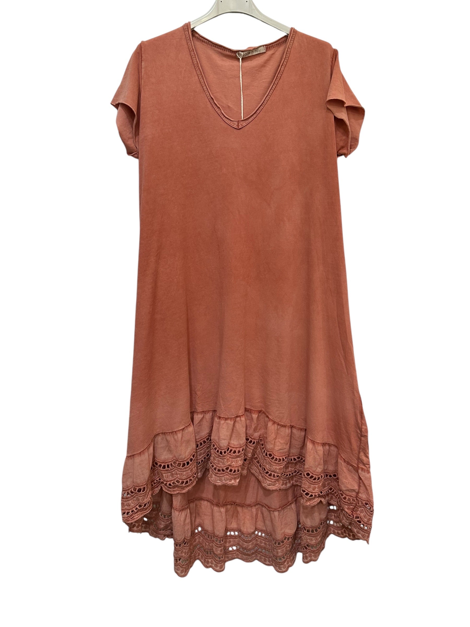 VC2525BRI Washed Cotton Lace-Hem Dress Brick