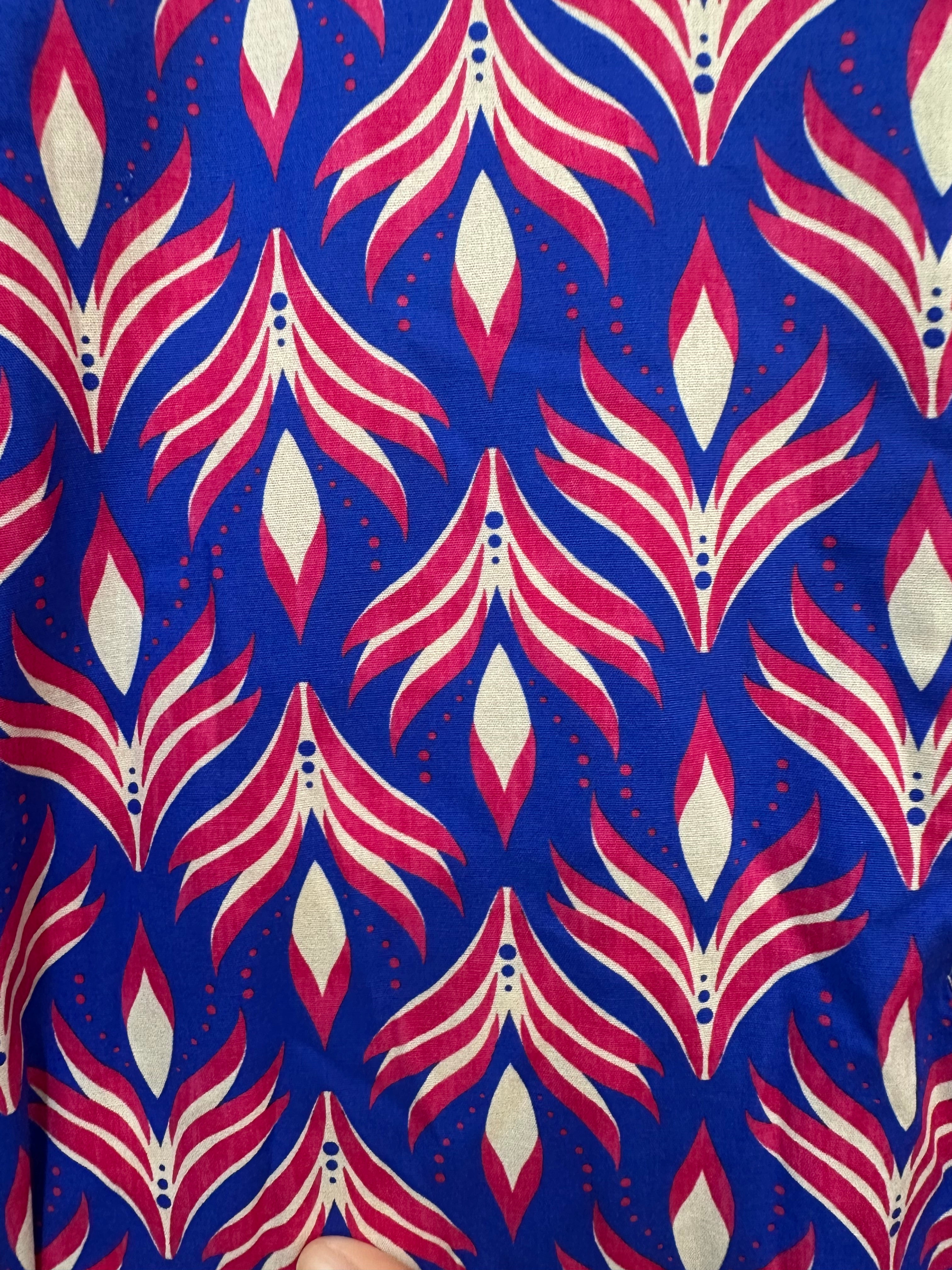 VC24002HROY Cotton Leaf Print Shirt Dress Royal Blue