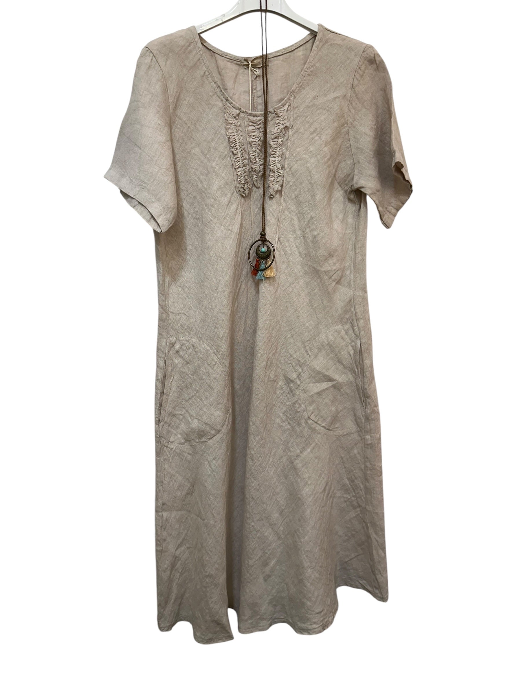VC3996BEI Linen Round-Neck Pocket Dress Beige