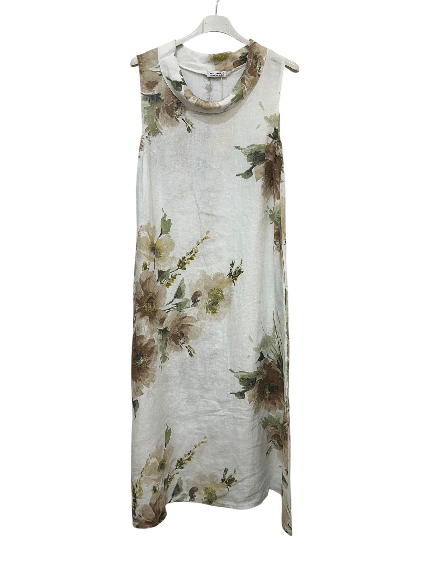 VC5308WHI Sleeveless Linen Floral Dress White