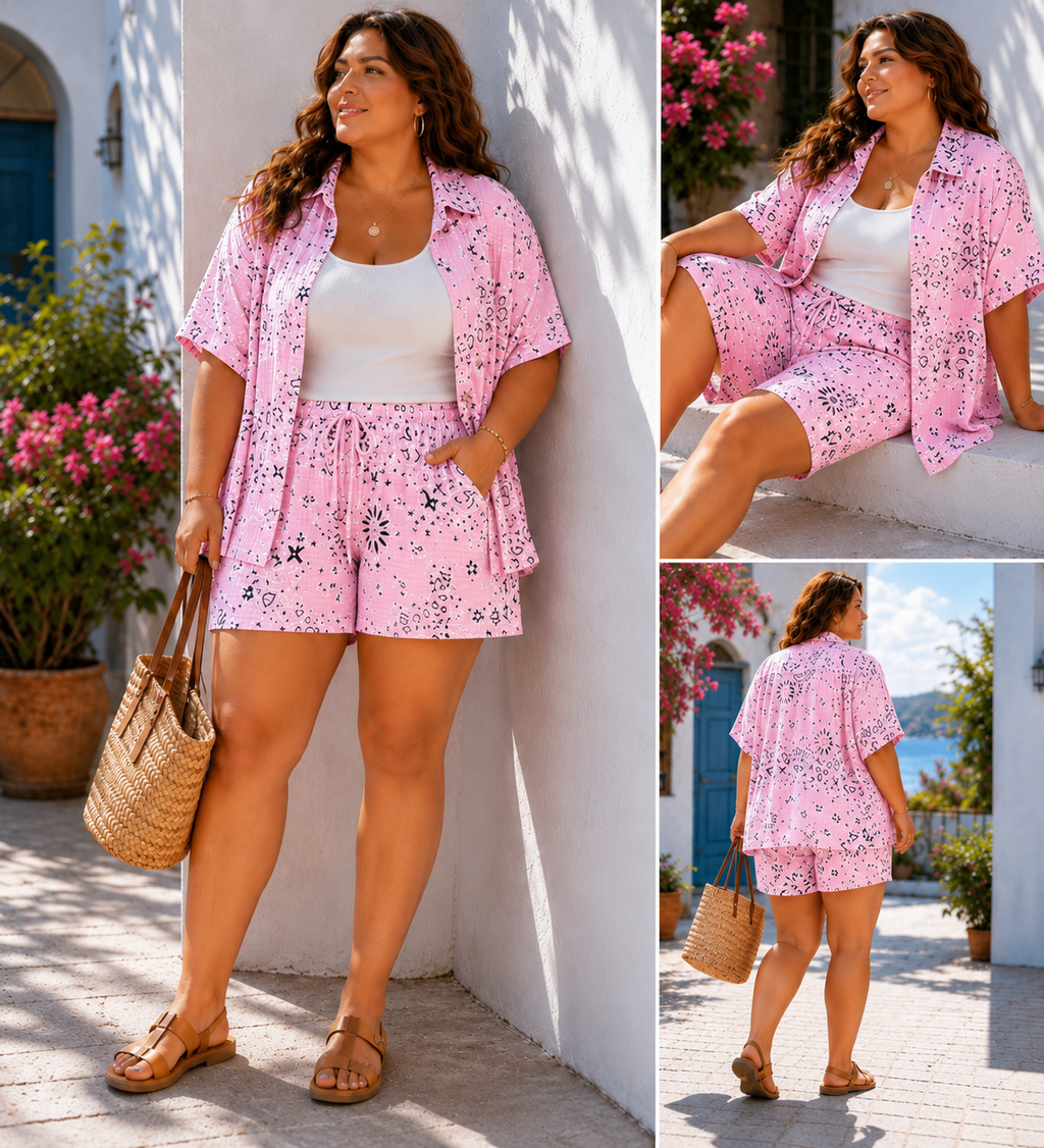 IV25262125PK Gauze Cotton Bandana Shorts Plus Size Pink