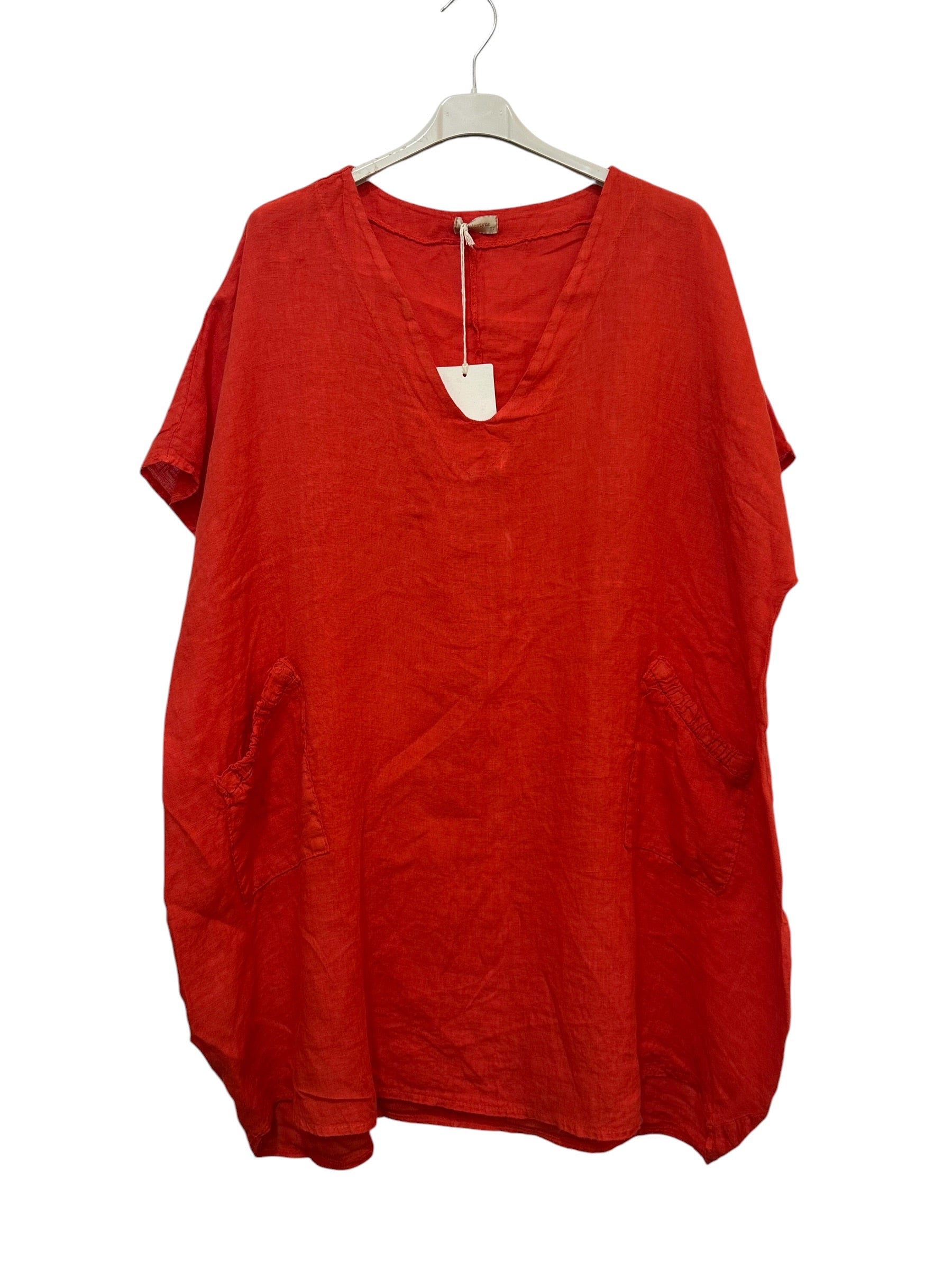 VC2820RED Oversized Linen Tunic Dress Red