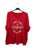 VM44 Red Vintage Graphic V-Neck Top