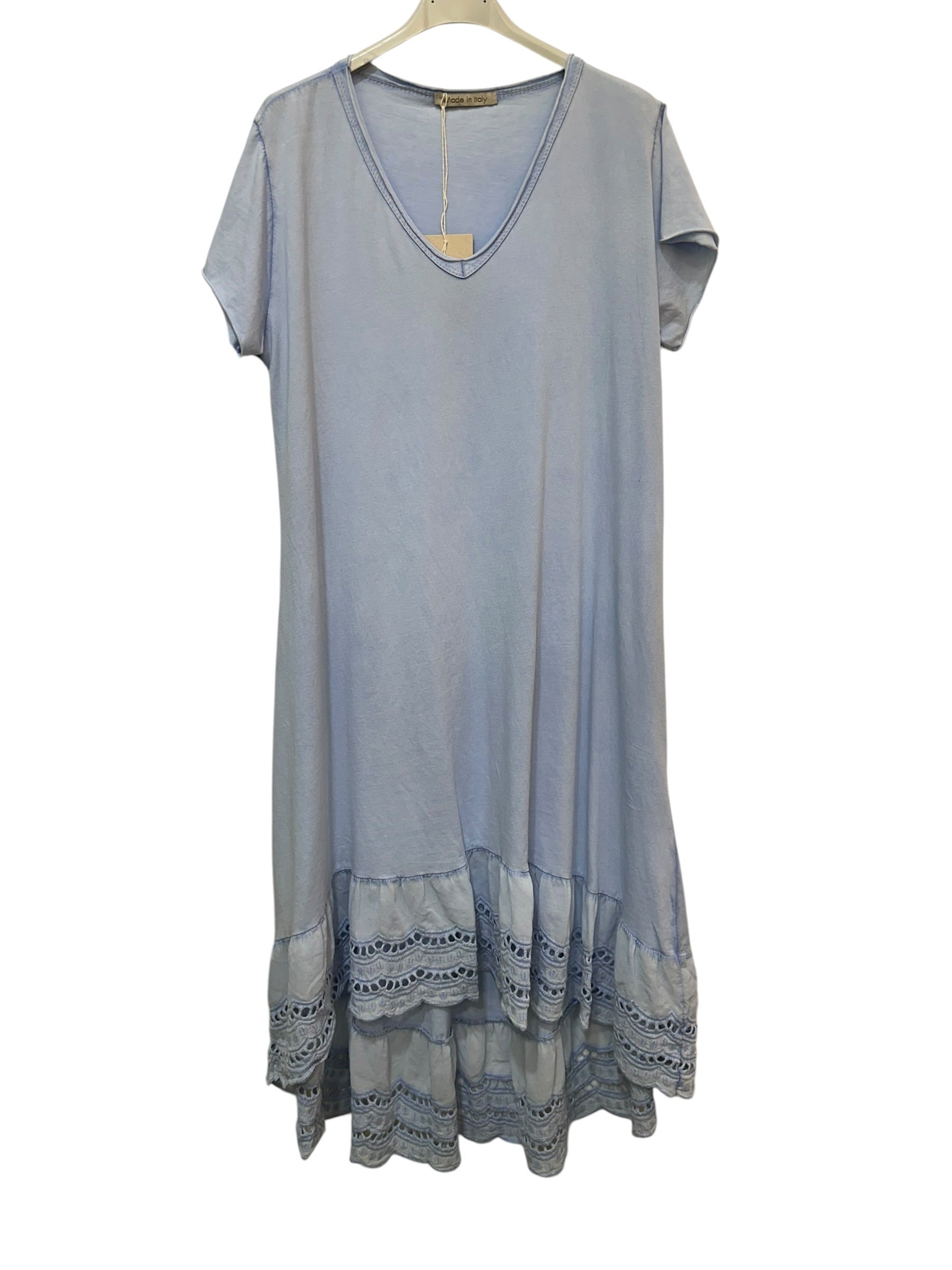 VC2525SKY Washed Cotton Lace-Hem Dress Sky Blue