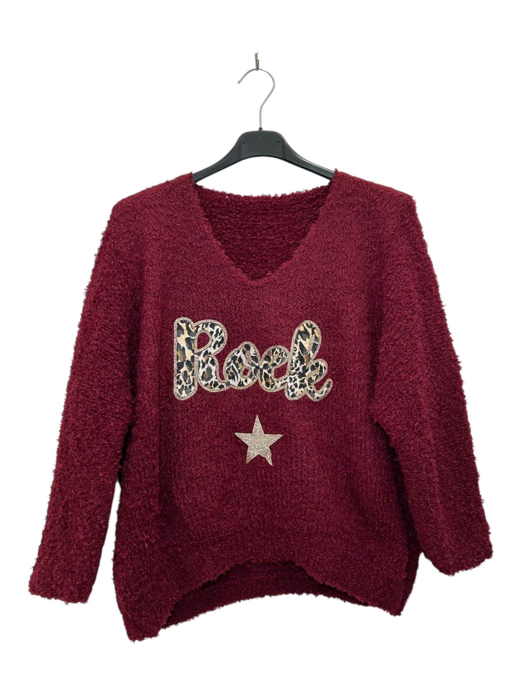 VM78 Wine Red Rock Print Teddy Sweater