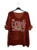 VI340 Brick Rust V-Neck Velvet Love Print Top