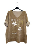VM27 Camel Floral Graphic V-Neck Velvet Top
