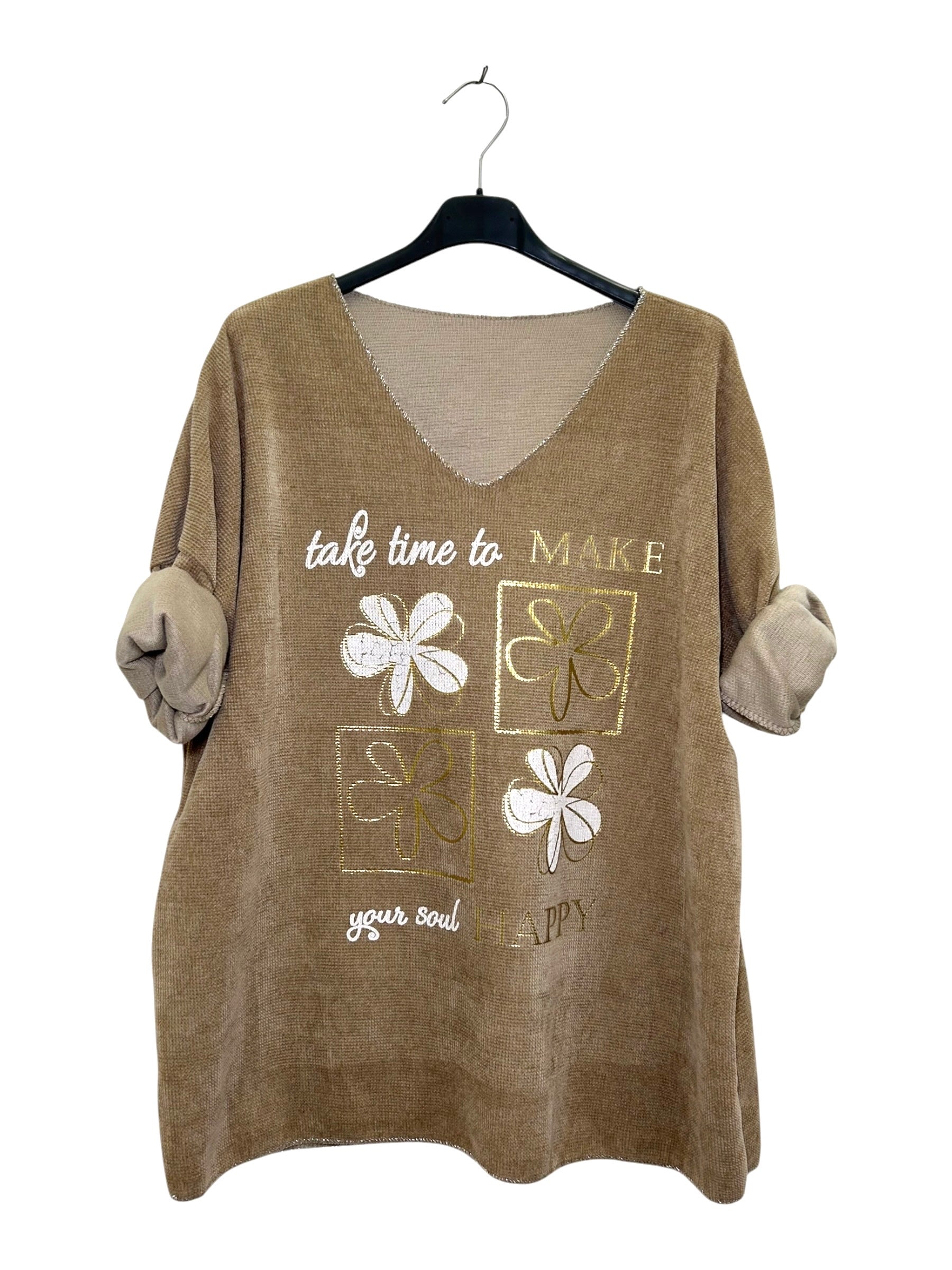 VM27 Camel Floral Graphic V-Neck Velvet Top