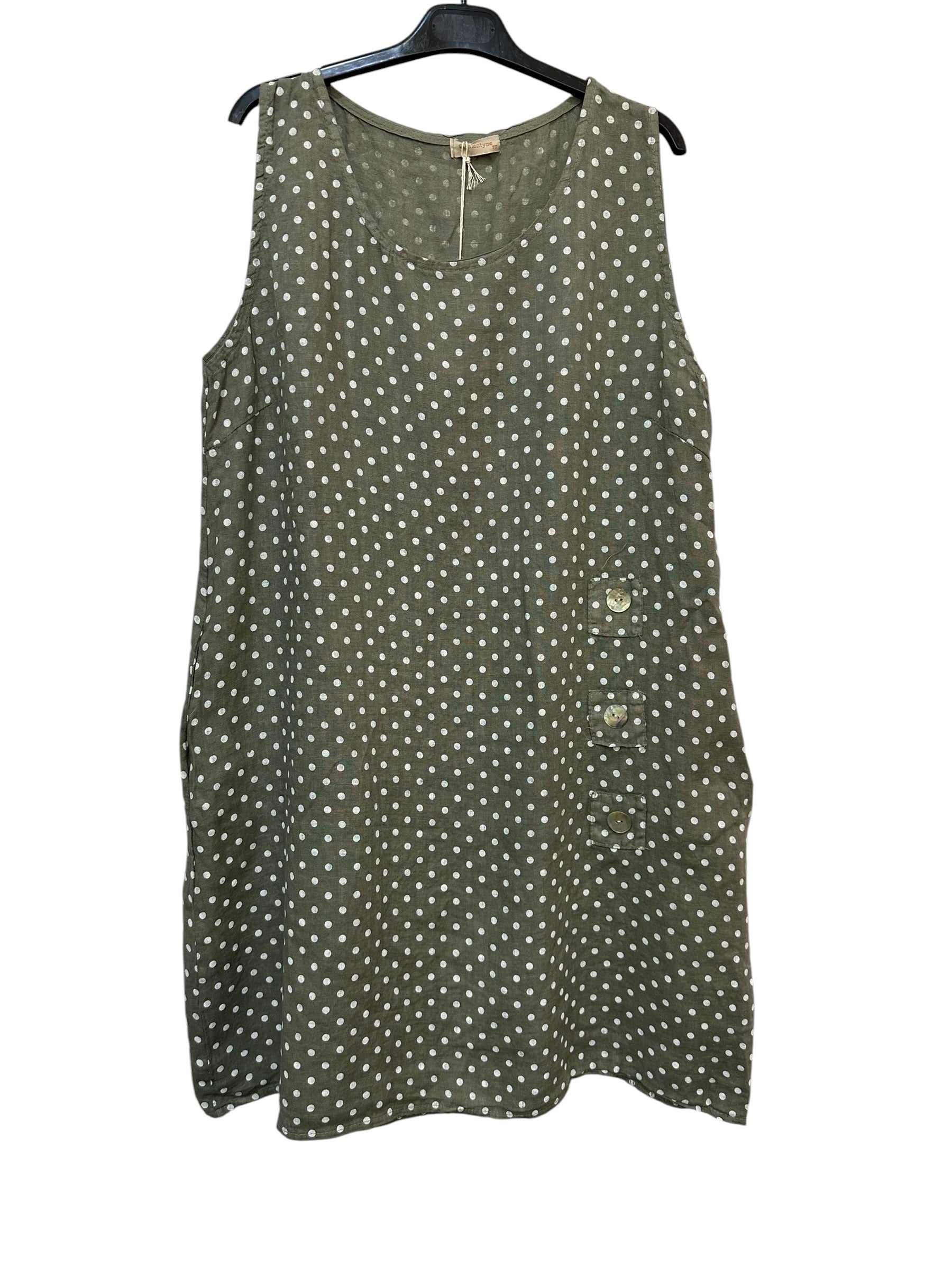 VC1302PKHA Sleeveless Linen Polka Dot Dress Khaki