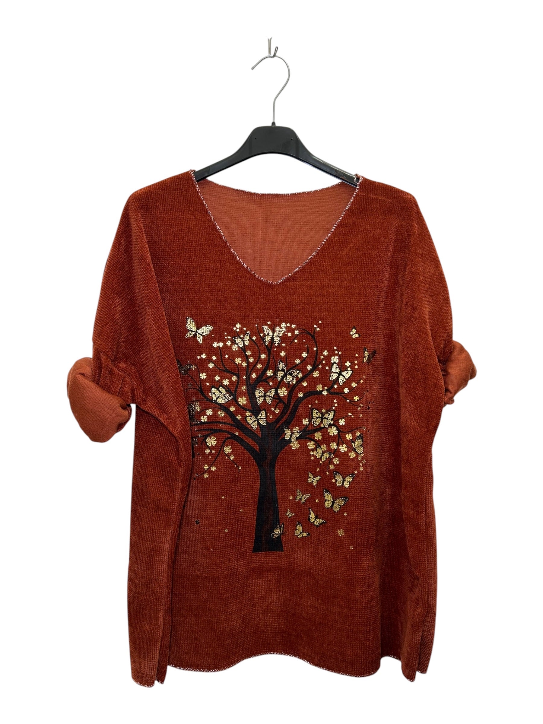 VI329 Brick Rust V-Neck Velvet Tree Print Top