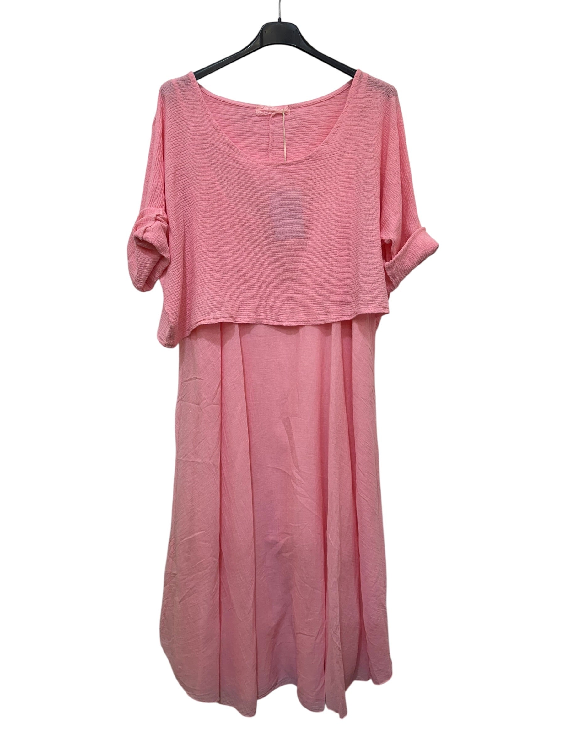 VC2PCSPIN Cotton Two-Piece Midi Dress Set Pink