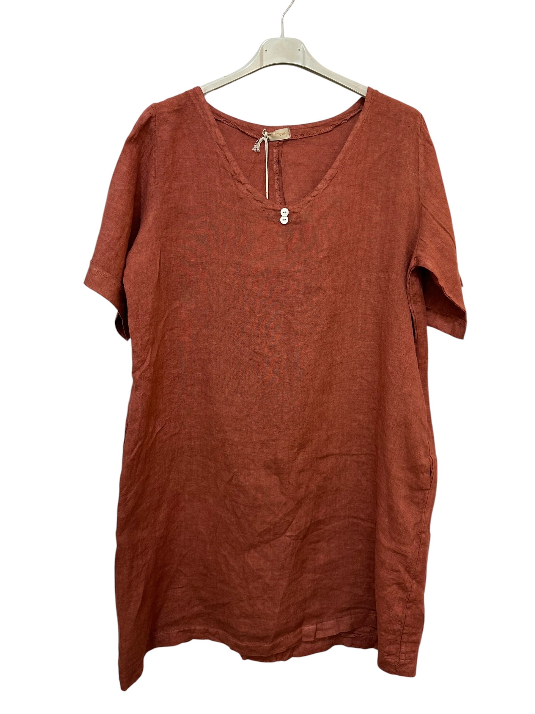 VC0147BRI Linen V-Neck Tunic Dress Brick