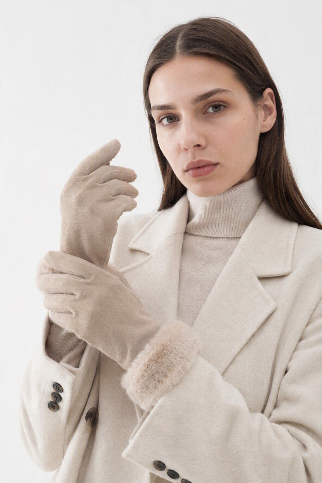 JA380 Beige Faux Fur Cuff Gloves
