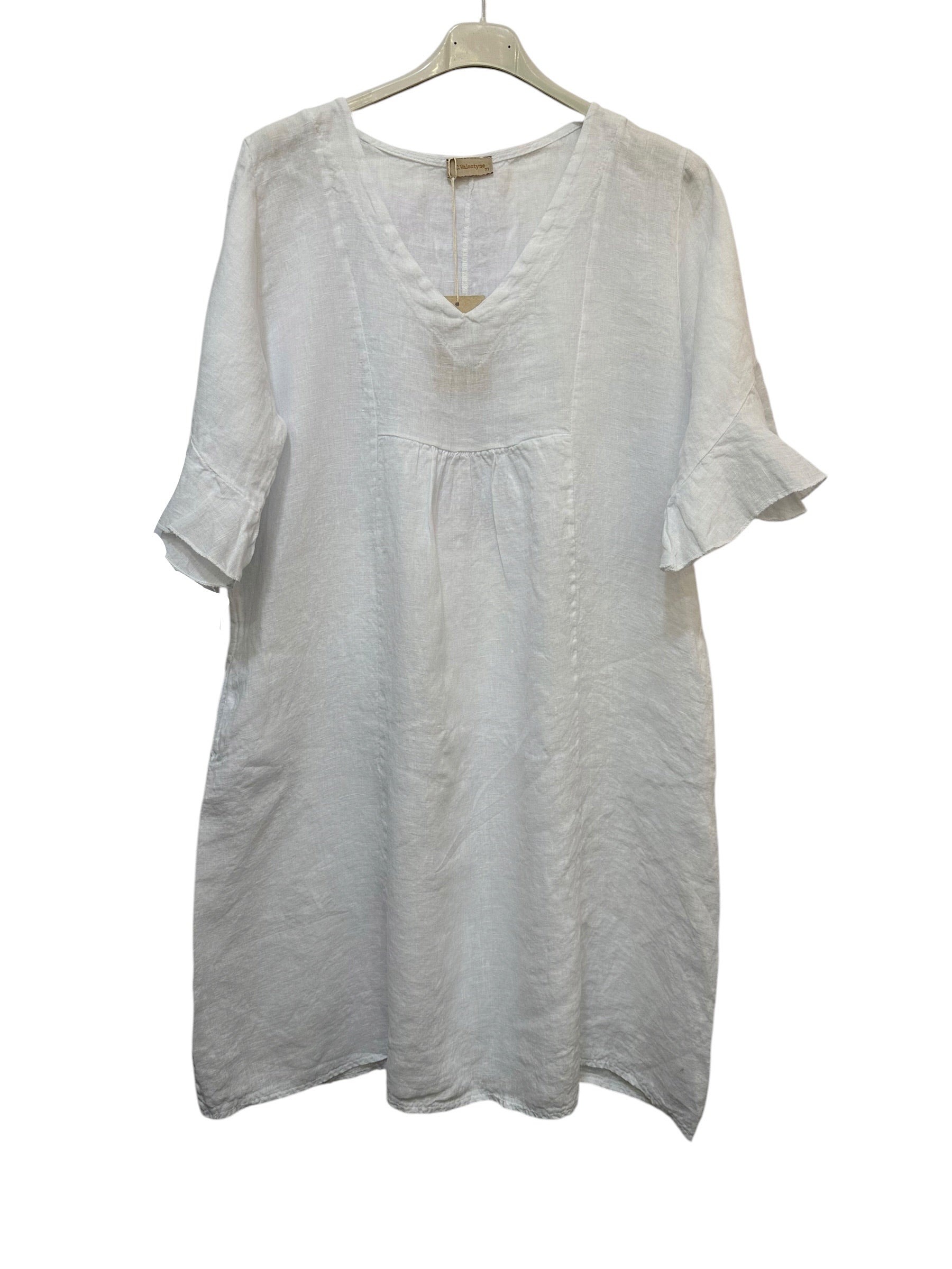 VC484WHI Linen Flutter-Sleeve Dress White