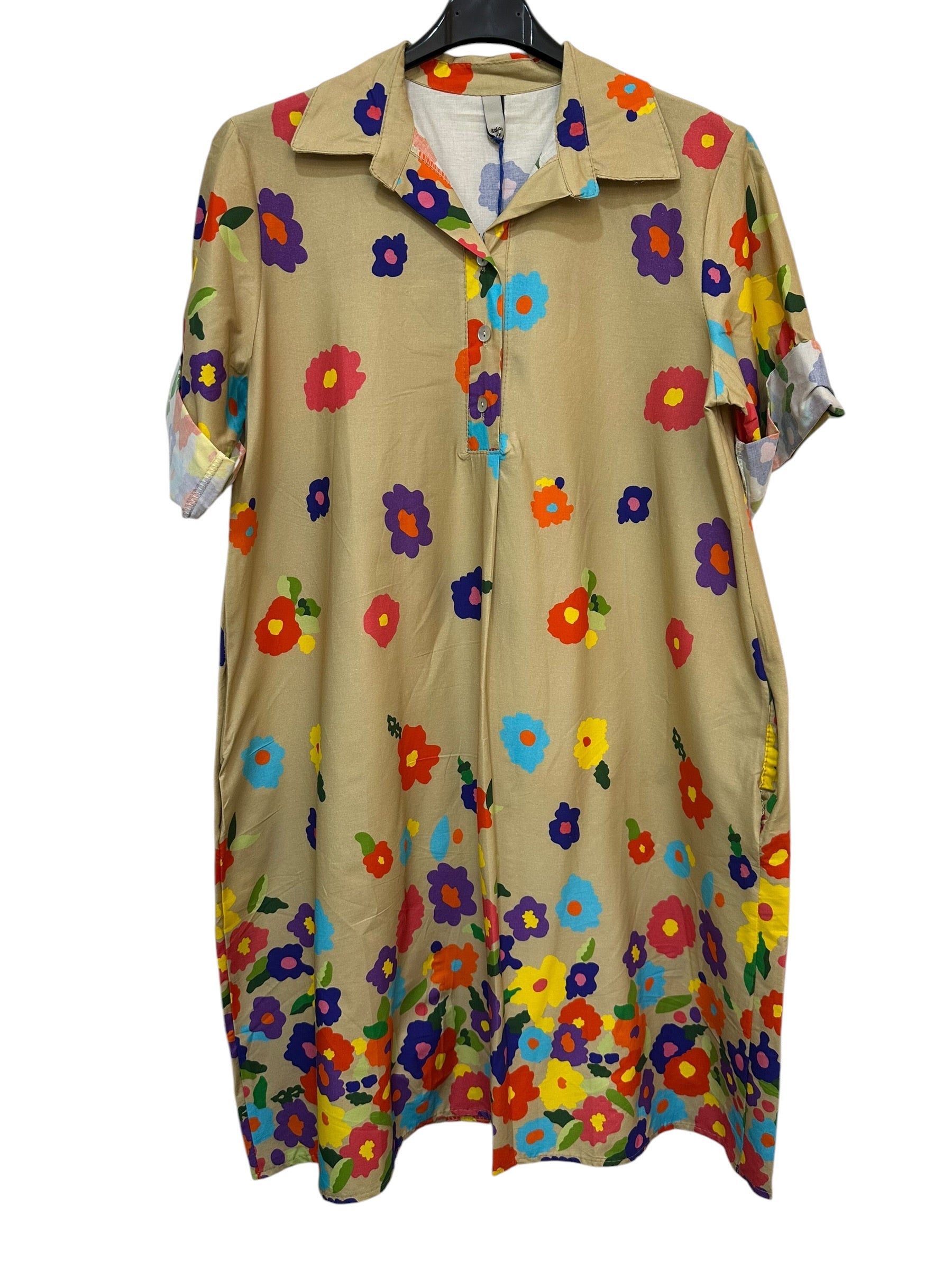 VC24002GFSAN Cotton Floral Shirt Dress Sand